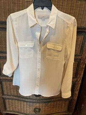 LOFT Cream Pinstripe Utility Shirt